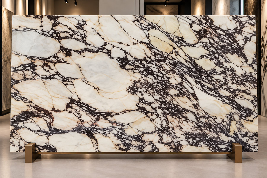 A slab of Calacatta Viola marble on a stand in a showroom