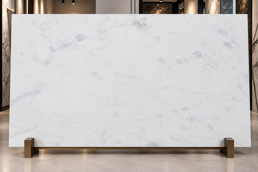 A slab of Pasha White marble on a stand in a showroom
