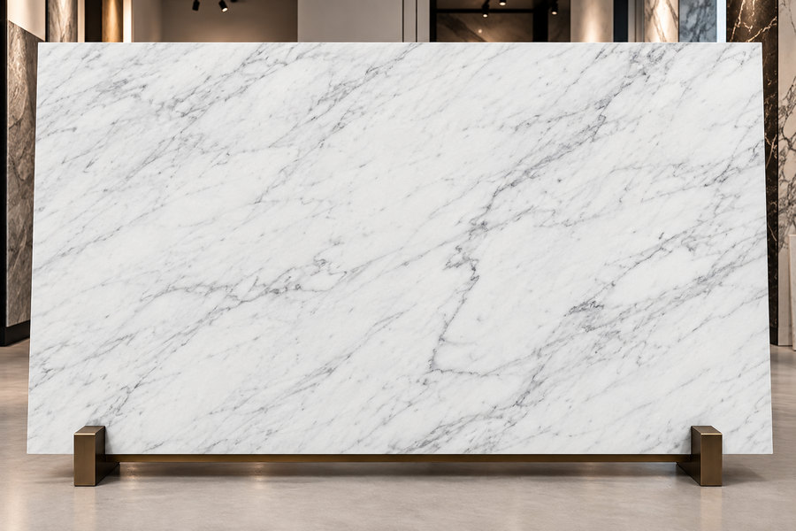 A slab of Carrara marble on a stand in a showroom